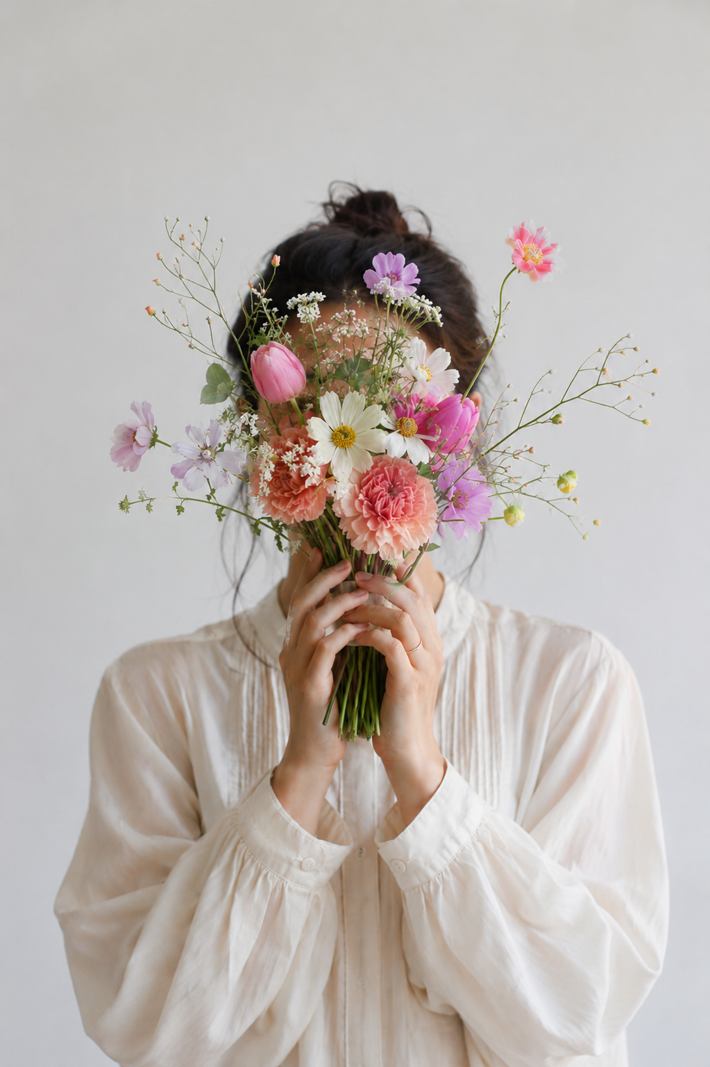 パステルカラーの花束を顔の前に持つ女性